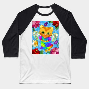 Angel Cat In Flower Garden Stained Glass Pattern Design Baseball T-Shirt